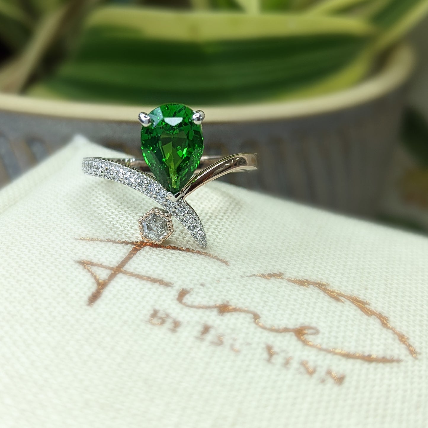 FBTY Diana Ring with Pear Tsavorite and Hexagon Diamond