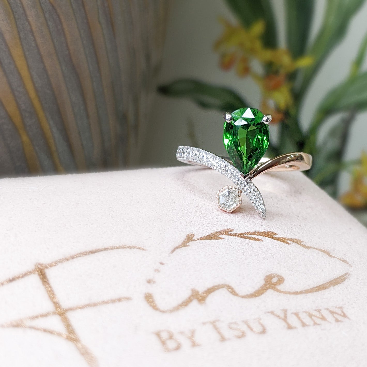 FBTY Diana Ring with Pear Tsavorite and Hexagon Diamond