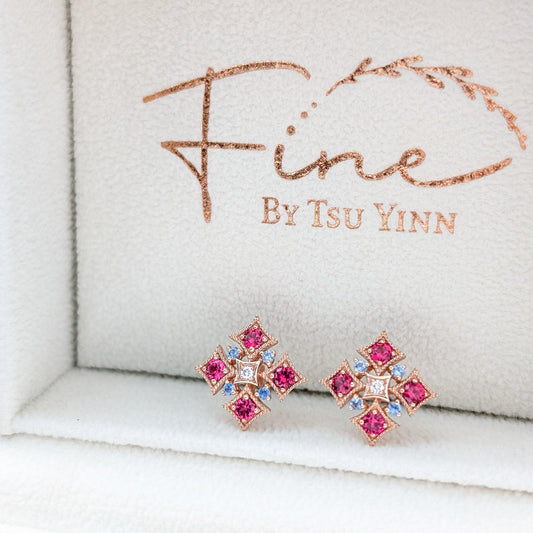 FBTY Norbayah Earrings in Reddish Pink Spinels, Blue Sapphires and Diamonds (Made-to-Order Available)