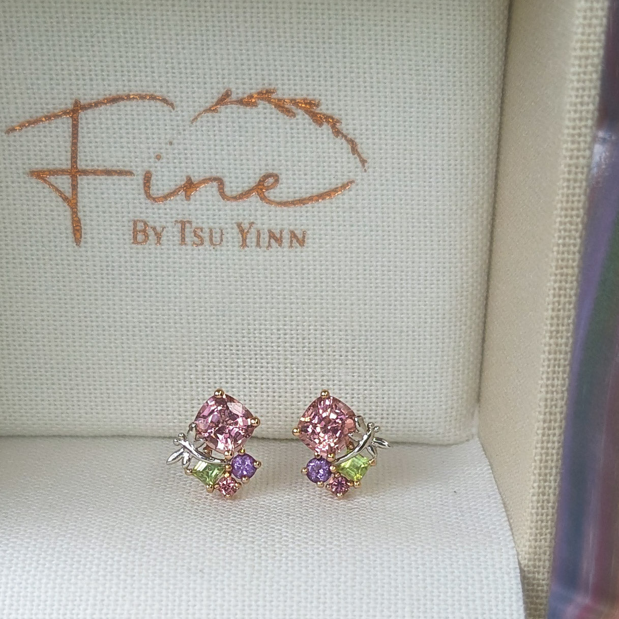 FBTY Petite Studs: Peach Pink Spinels with Peridot, Spinels, Amethyst and our signature dragonfly
