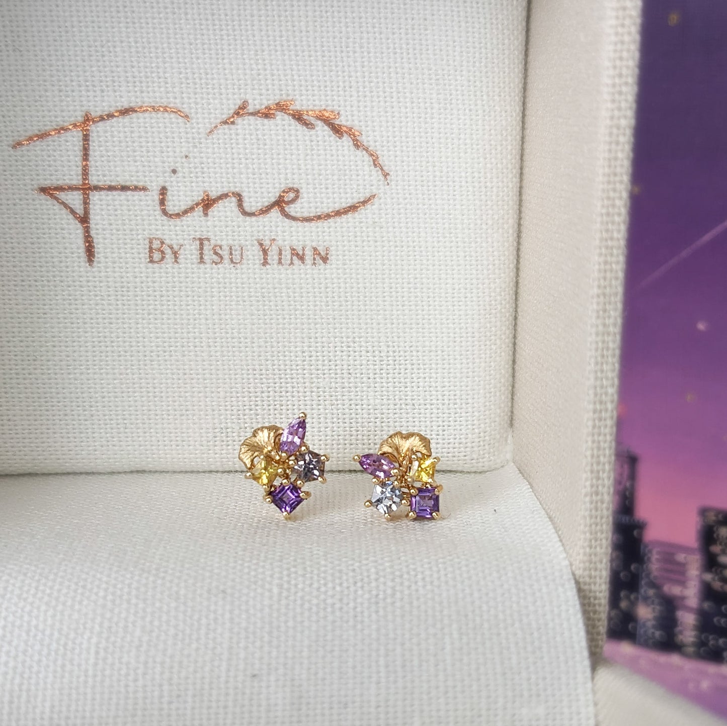 FBTY Petite Studs: Purple Sapphire, Grey Spinels, Amethysts and Yellow Sapphires with our signature Gingko Leaves