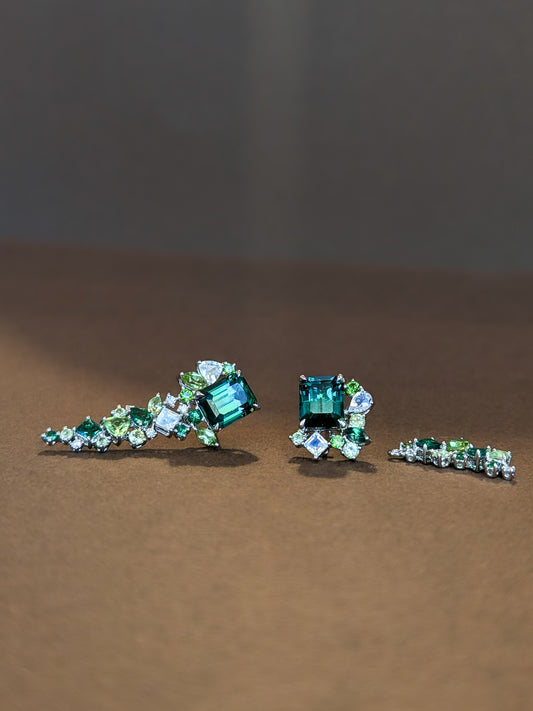 Emerald Cut Green Tourmaline Detachable Messy Drape Earrings