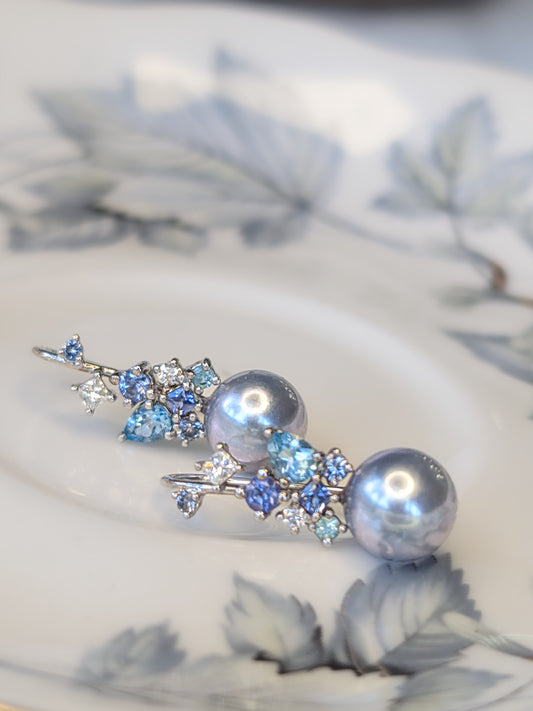 Akoya Pearl Messy Band Hook Earrings (Blue Hues)
