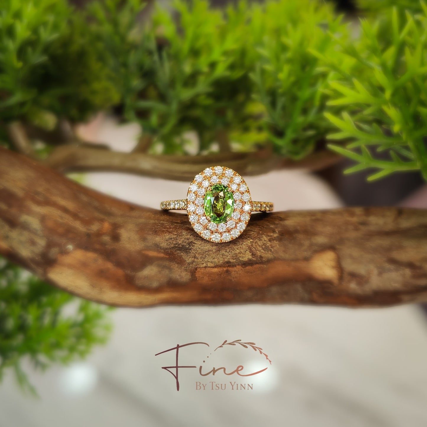RG Tsavorite Ring with Double Diamond Halo