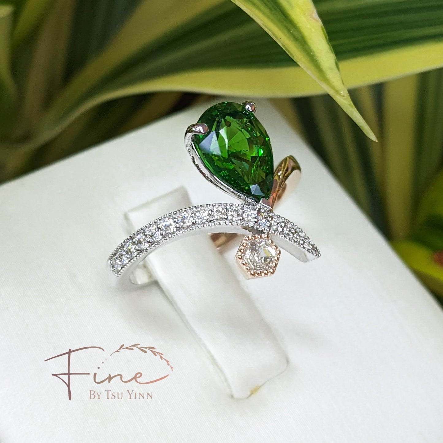 FBTY Diana Ring with Pear Tsavorite and Hexagon Diamond