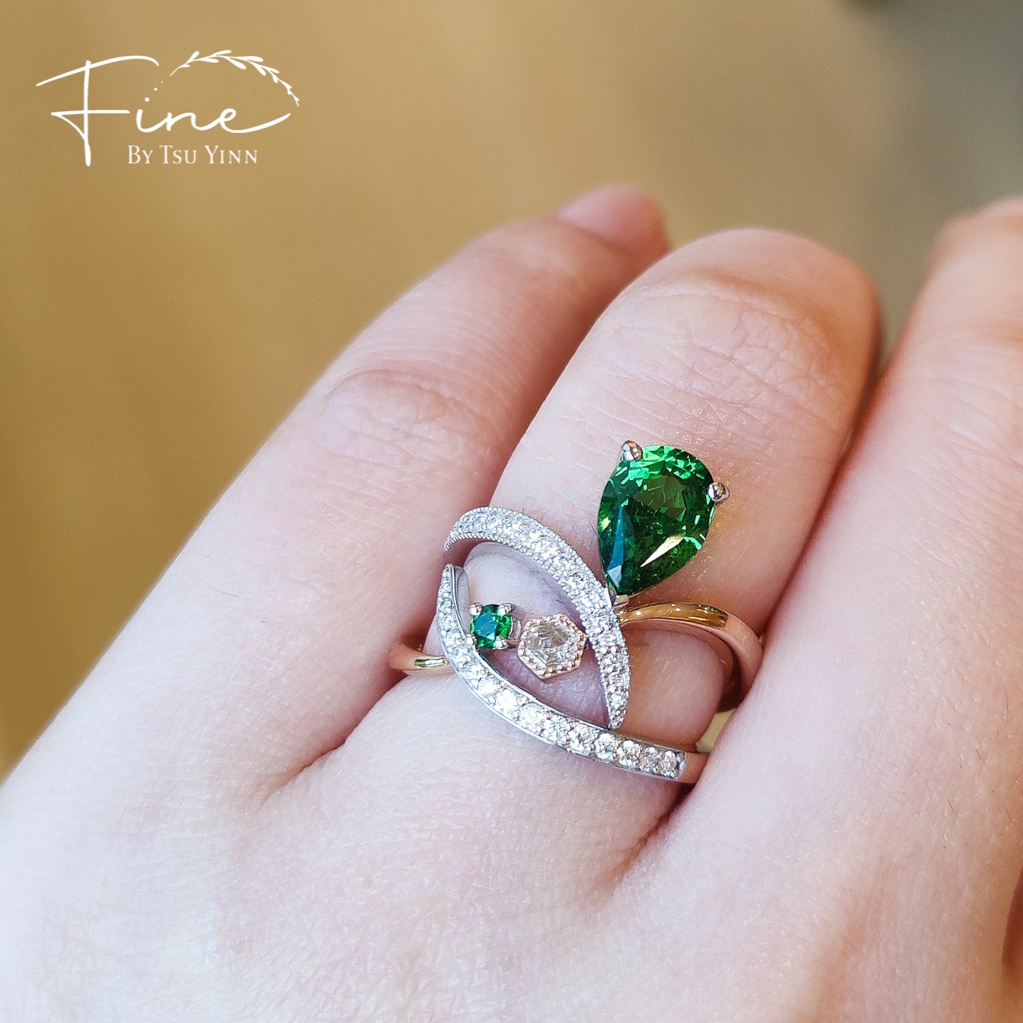 FBTY Diana Ring with Pear Tsavorite and Hexagon Diamond