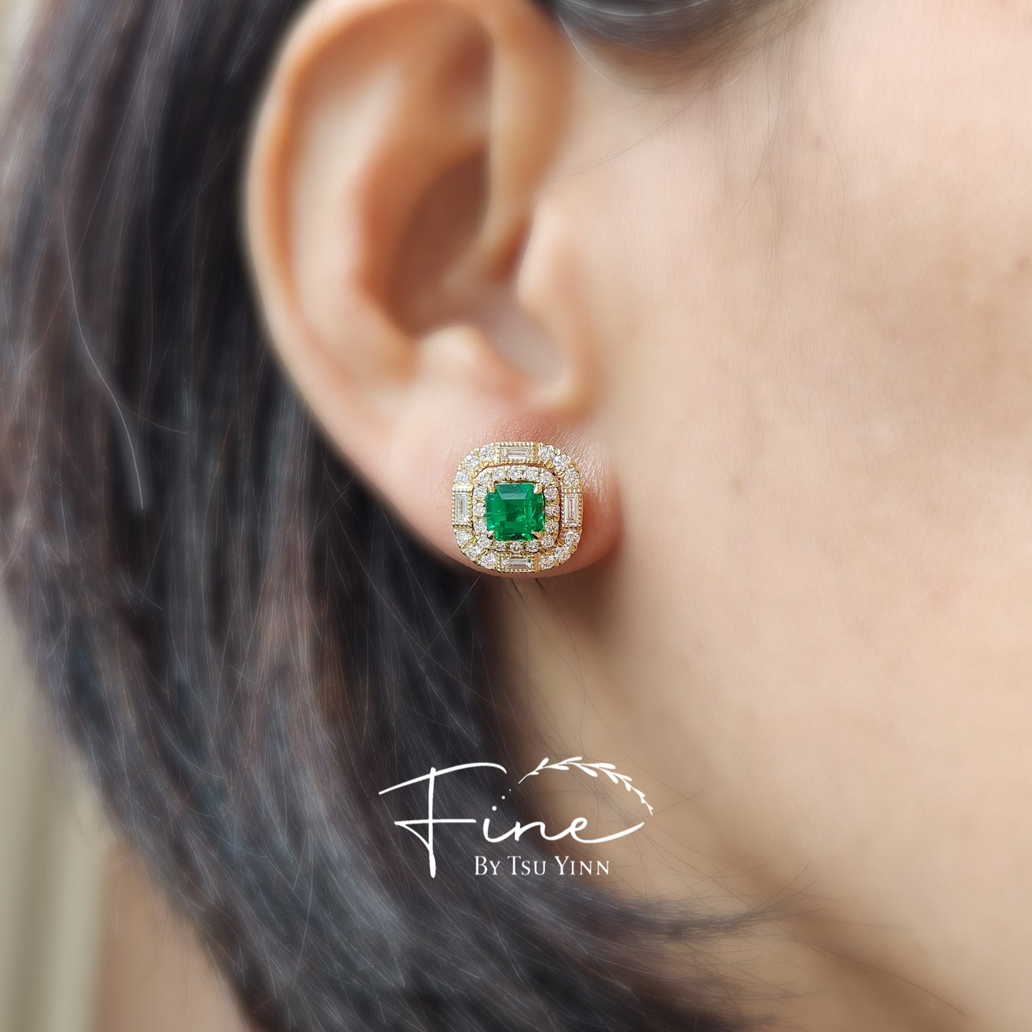 YG Emerald Double Diamond Halo Earrings