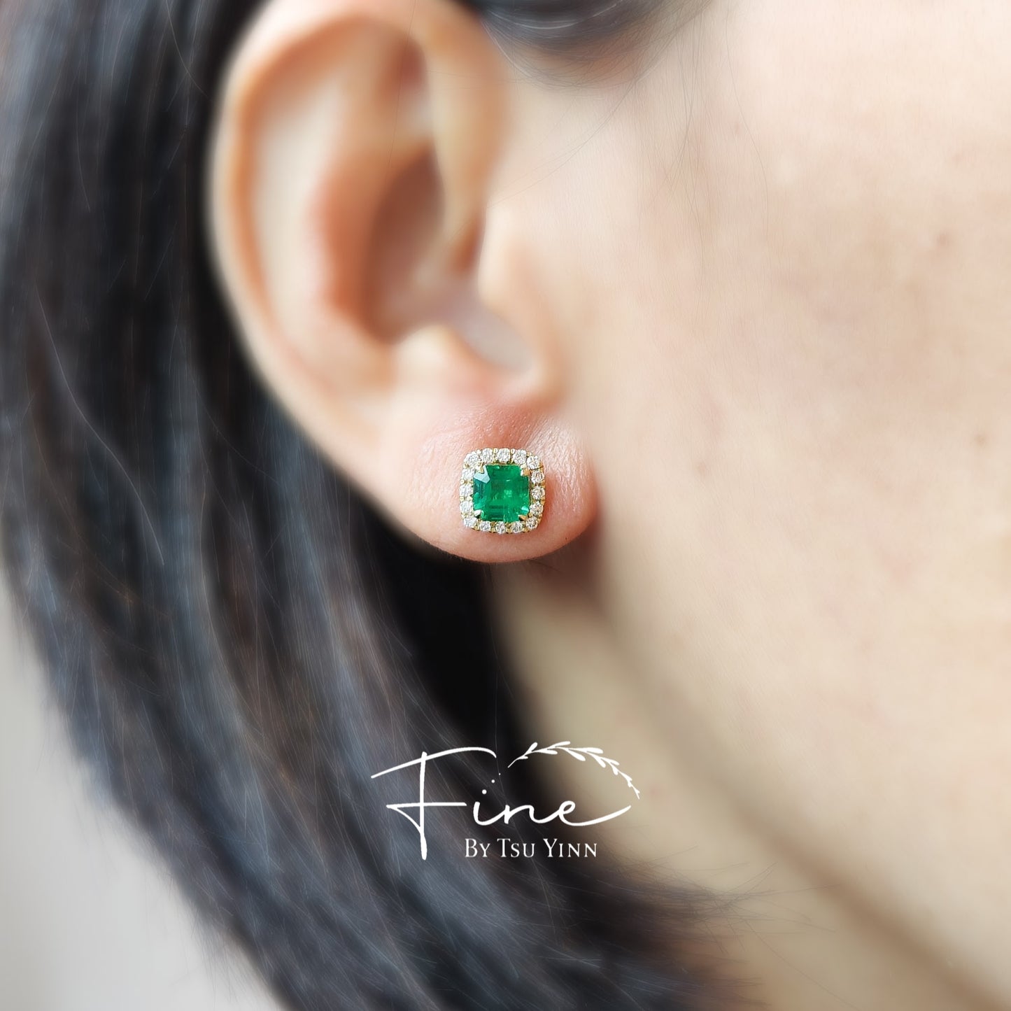 YG Emerald Double Diamond Halo Earrings