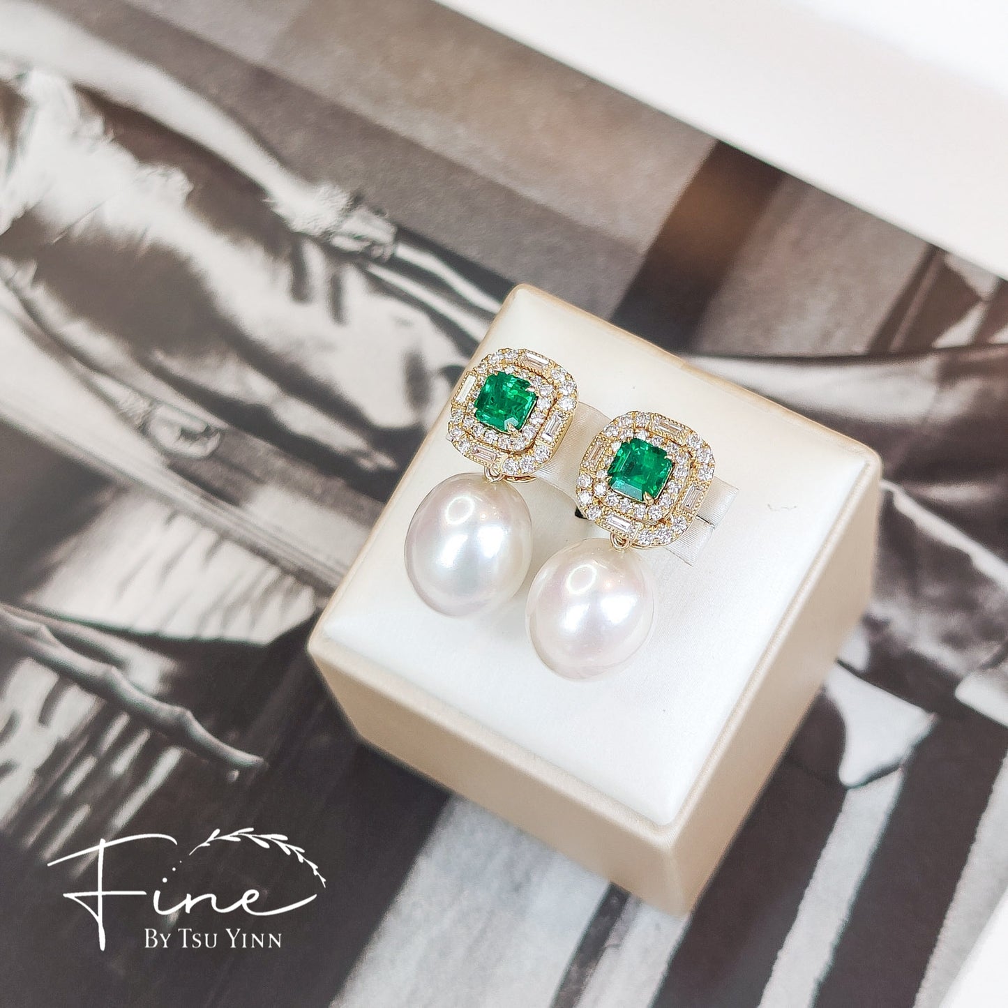 YG Emerald Double Diamond Halo Earrings