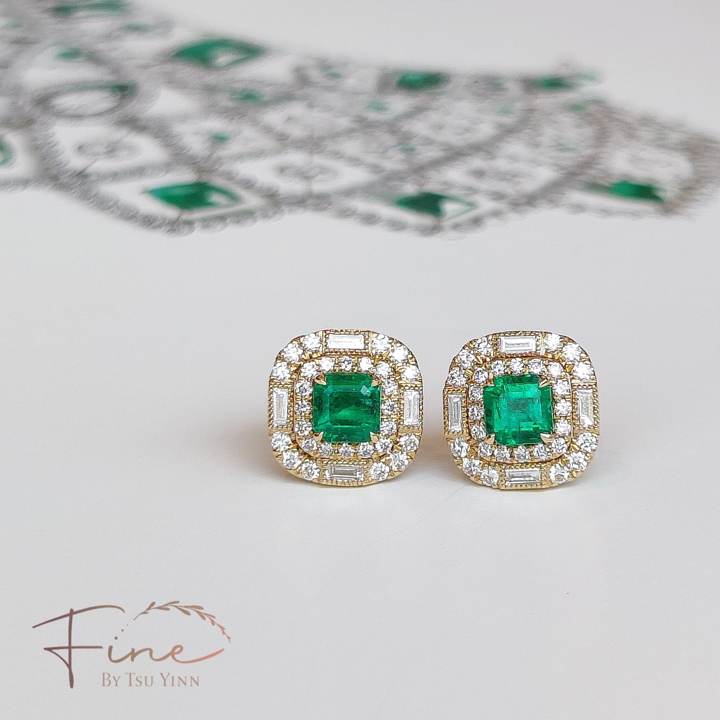 YG Emerald Double Diamond Halo Earrings