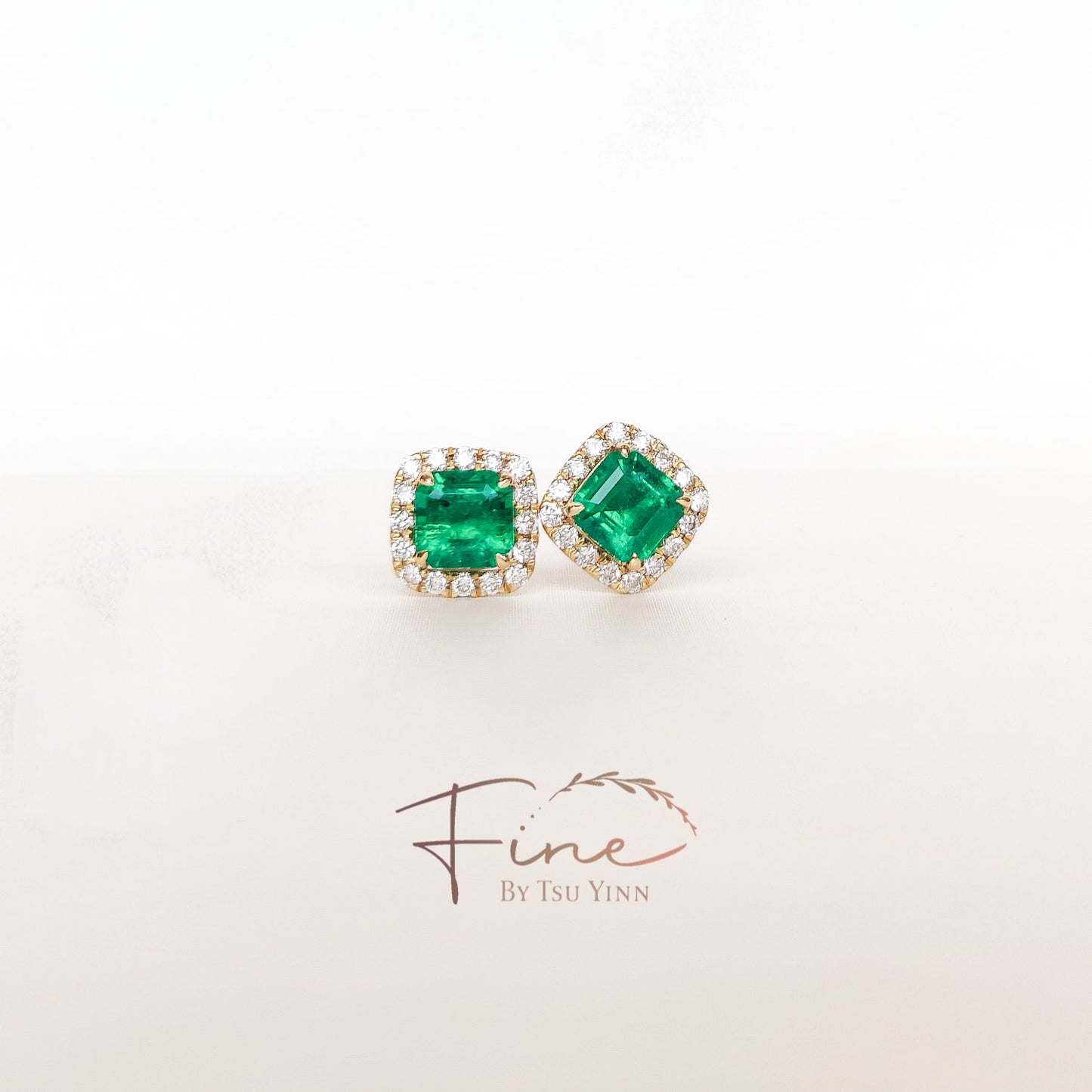 YG Emerald Double Diamond Halo Earrings