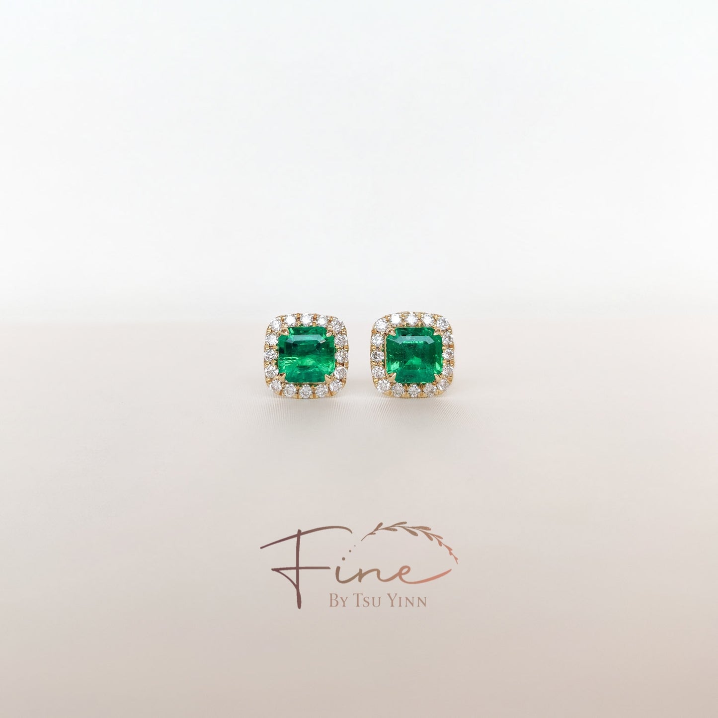 YG Emerald Double Diamond Halo Earrings