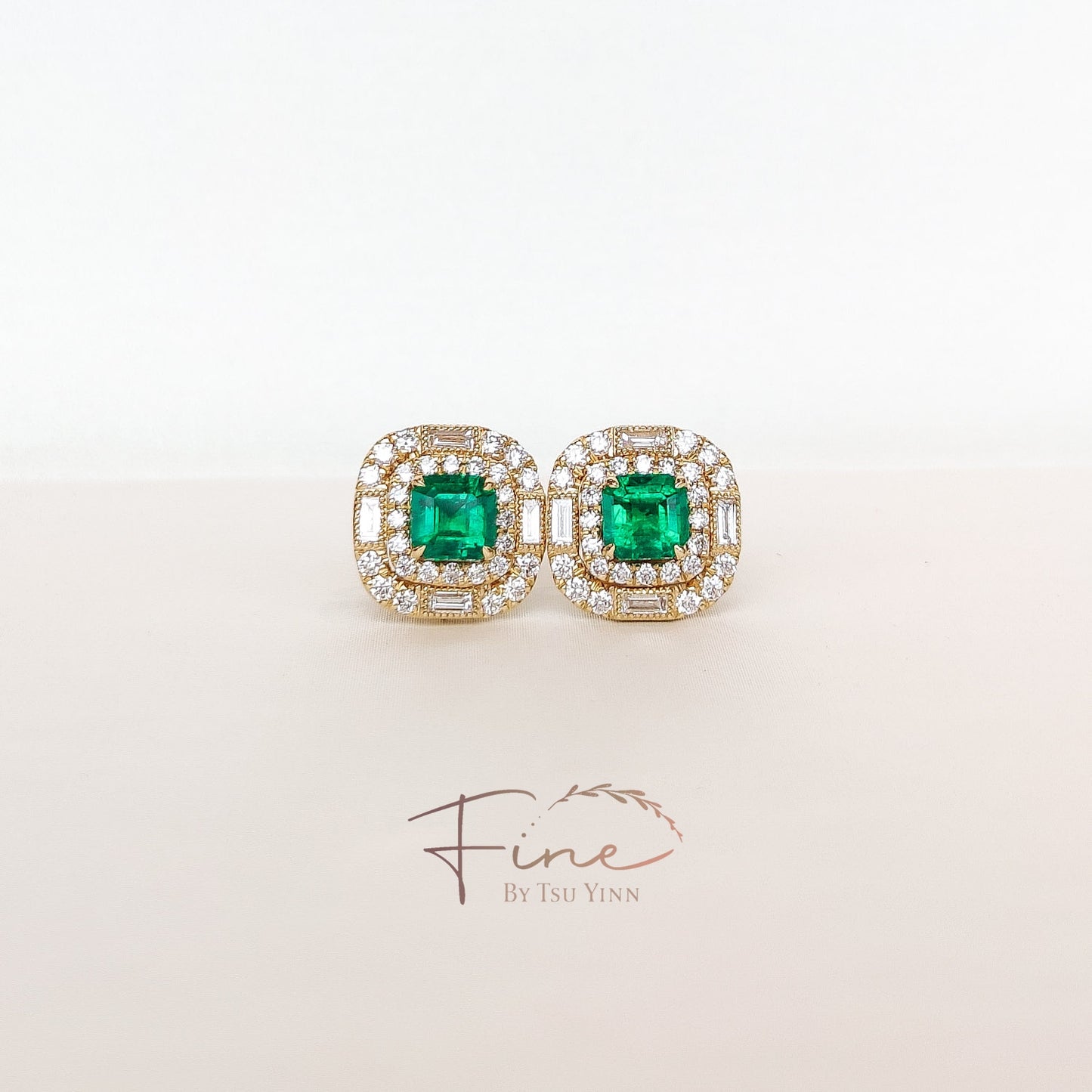 YG Emerald Double Diamond Halo Earrings
