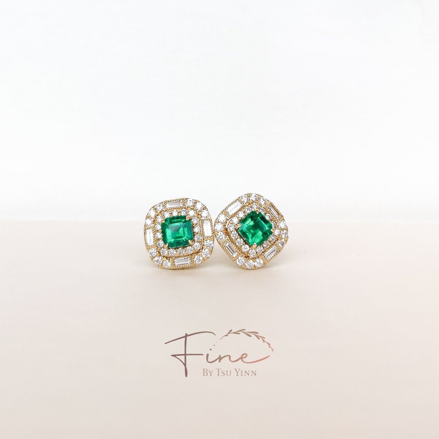 YG Emerald Double Diamond Halo Earrings