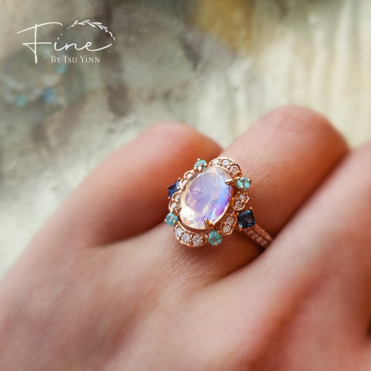 FBTY Kyra Ring with Moonstone, Paraiba Tourmalines, Blue Sapphires and Diamonds