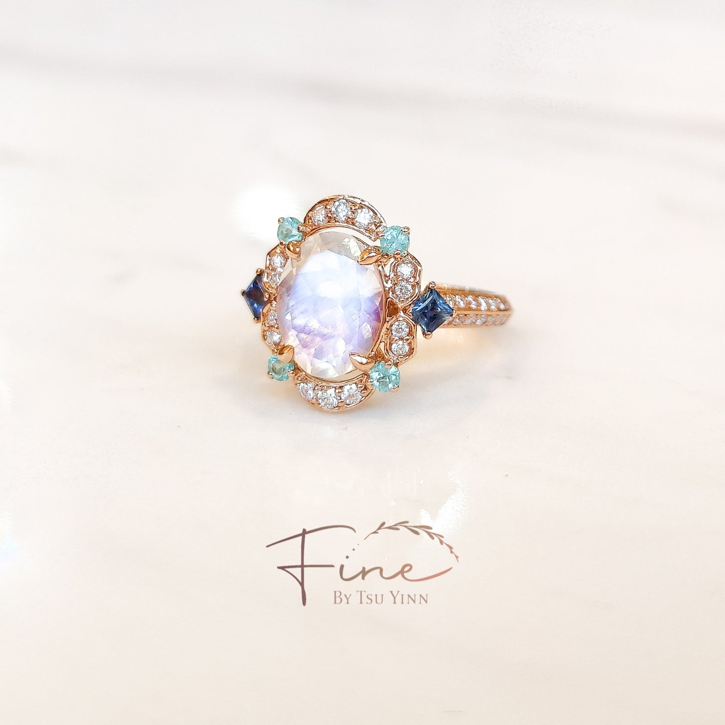 FBTY Kyra Ring with Moonstone, Paraiba Tourmalines, Blue Sapphires and Diamonds
