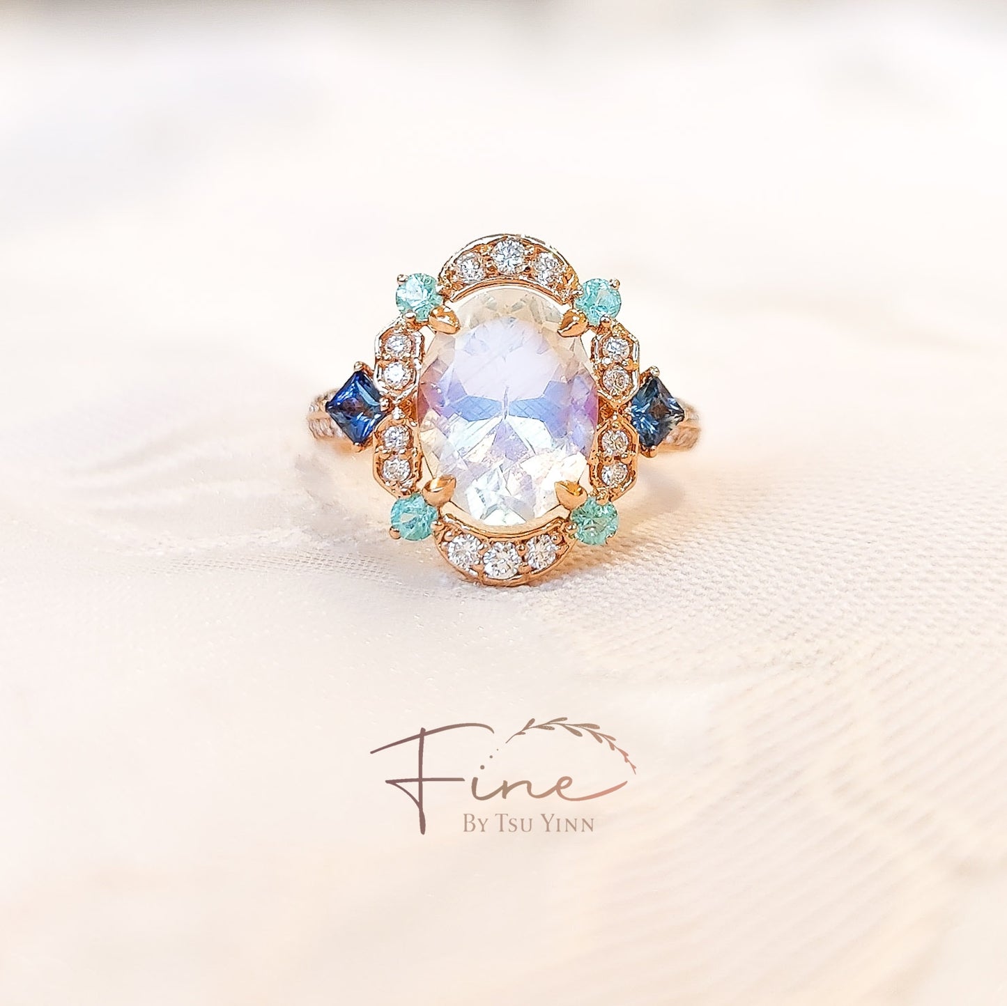 FBTY Kyra Ring with Moonstone, Paraiba Tourmalines, Blue Sapphires and Diamonds