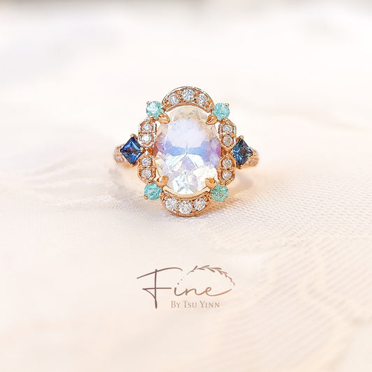 FBTY Kyra Ring with Moonstone, Paraiba Tourmalines, Blue Sapphires and Diamonds