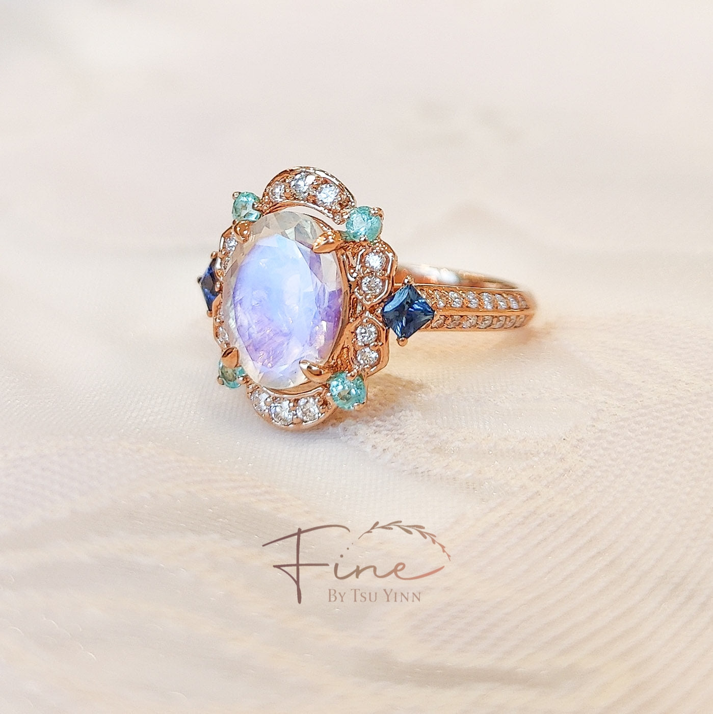 FBTY Kyra Ring with Moonstone, Paraiba Tourmalines, Blue Sapphires and Diamonds