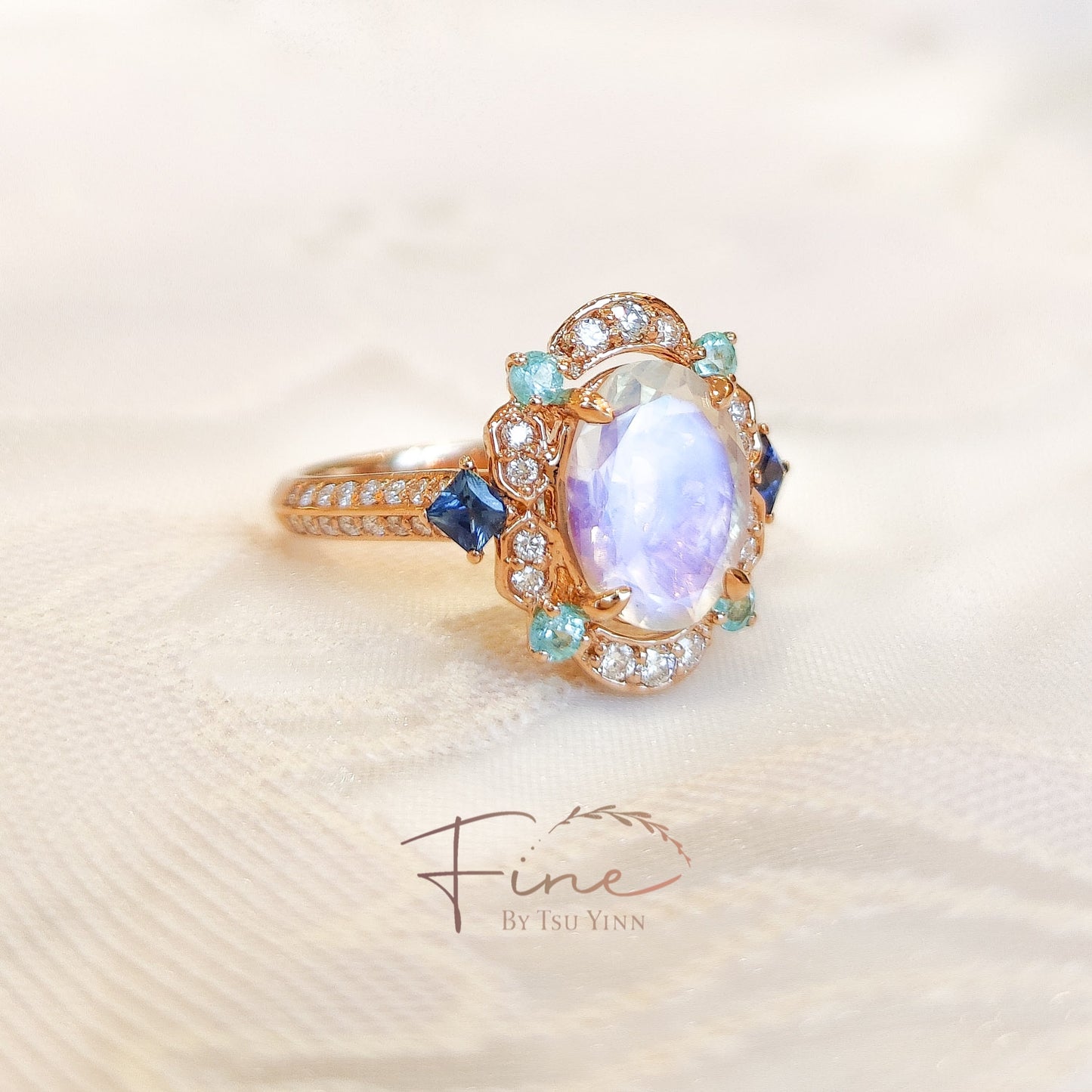 FBTY Kyra Ring with Moonstone, Paraiba Tourmalines, Blue Sapphires and Diamonds