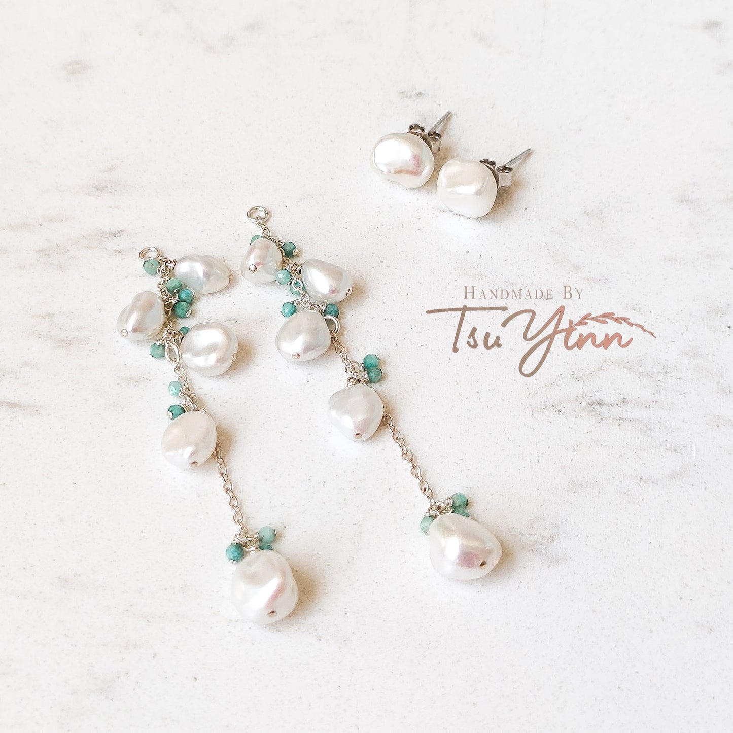Multiwear Keshi Pearl Baubles Earrings Amazonite in Silver