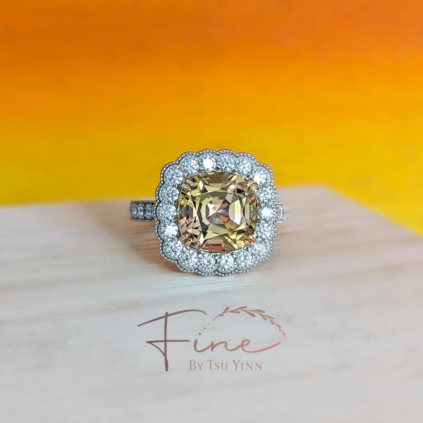 WG RG Sunset Tourmaline Double Bezel Diamond Halo Diamond Half Band Ring