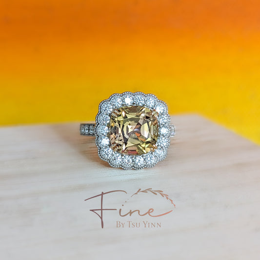 WG RG Sunset Tourmaline Double Bezel Diamond Halo Diamond Half Band Ring