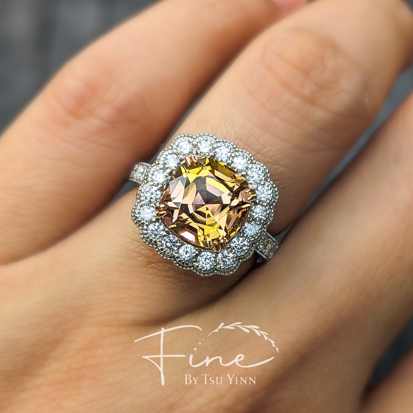WG RG Sunset Tourmaline Double Bezel Diamond Halo Diamond Half Band Ring