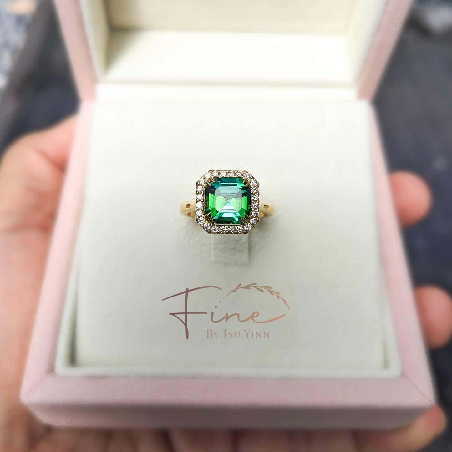 Asscher Cut Green Tourmaline Diamond Halo Ring