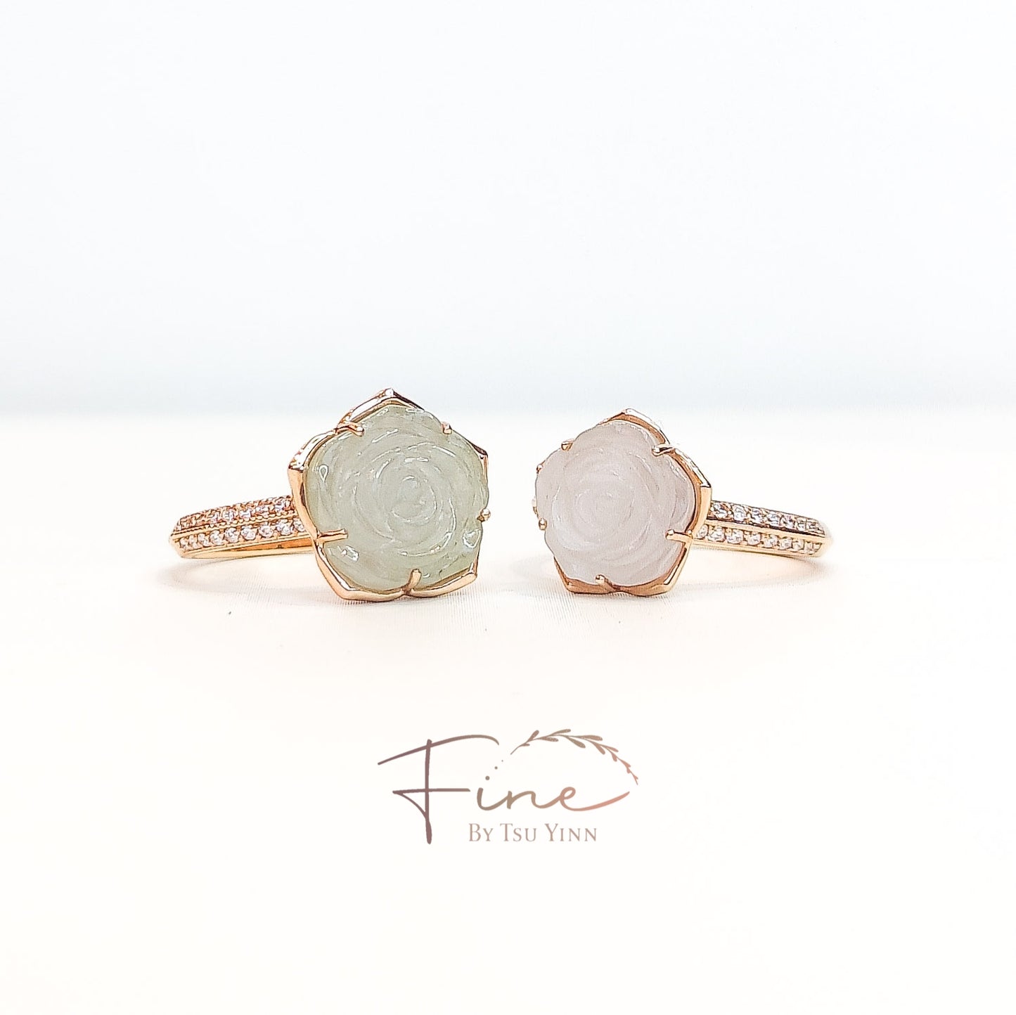 FBTY Carved Rose Jadeite Ring with Diamond Knife Band (half)