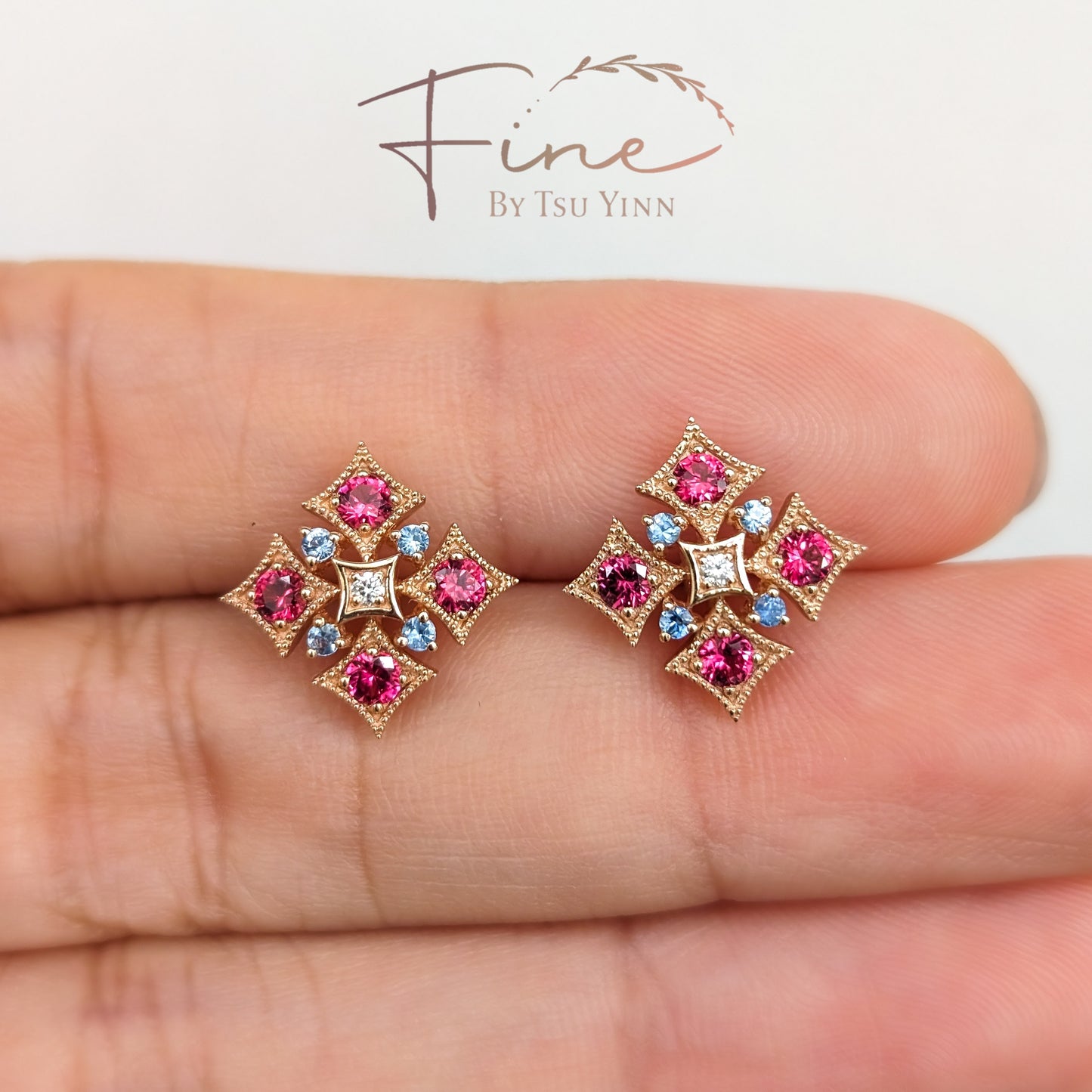 FBTY Norbayah Earrings in Reddish Pink Spinels, Blue Sapphires and Diamonds (Made-to-Order Available)