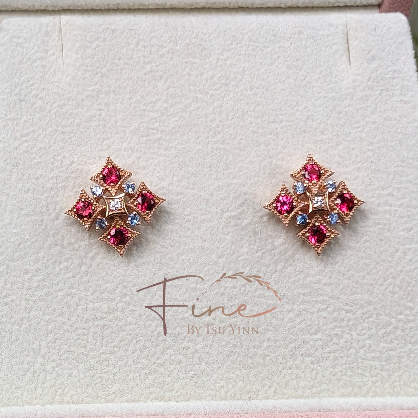 FBTY Norbayah Earrings in Reddish Pink Spinels, Blue Sapphires and Diamonds (Made-to-Order Available)