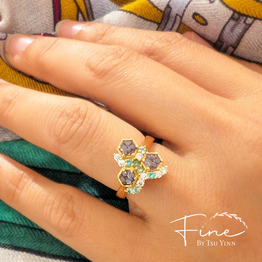 RG Honeycomb Spinels, Diamonds and Paraiba Tourmaline Ring
