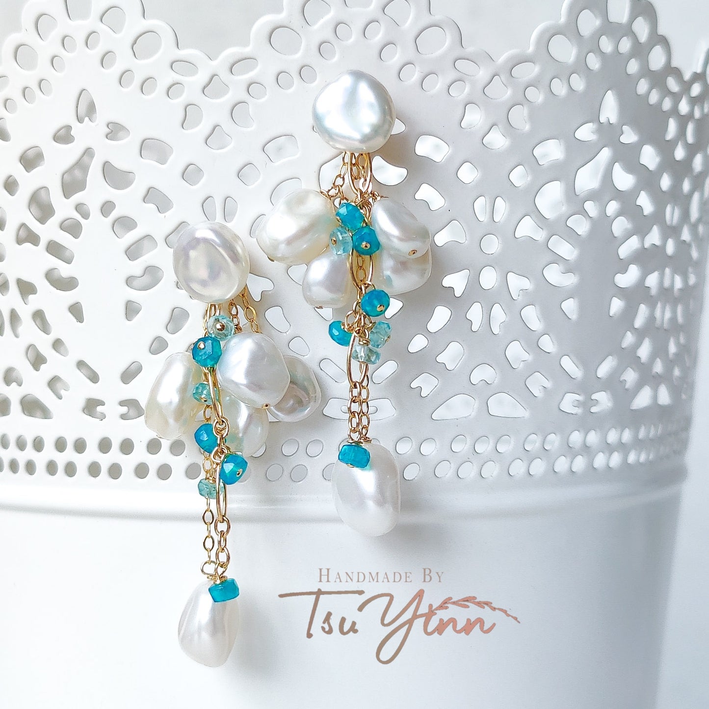 Multiwear Keshi Pearl Baubles Earrings with Blue Fire Opal and Aquamarine in YG