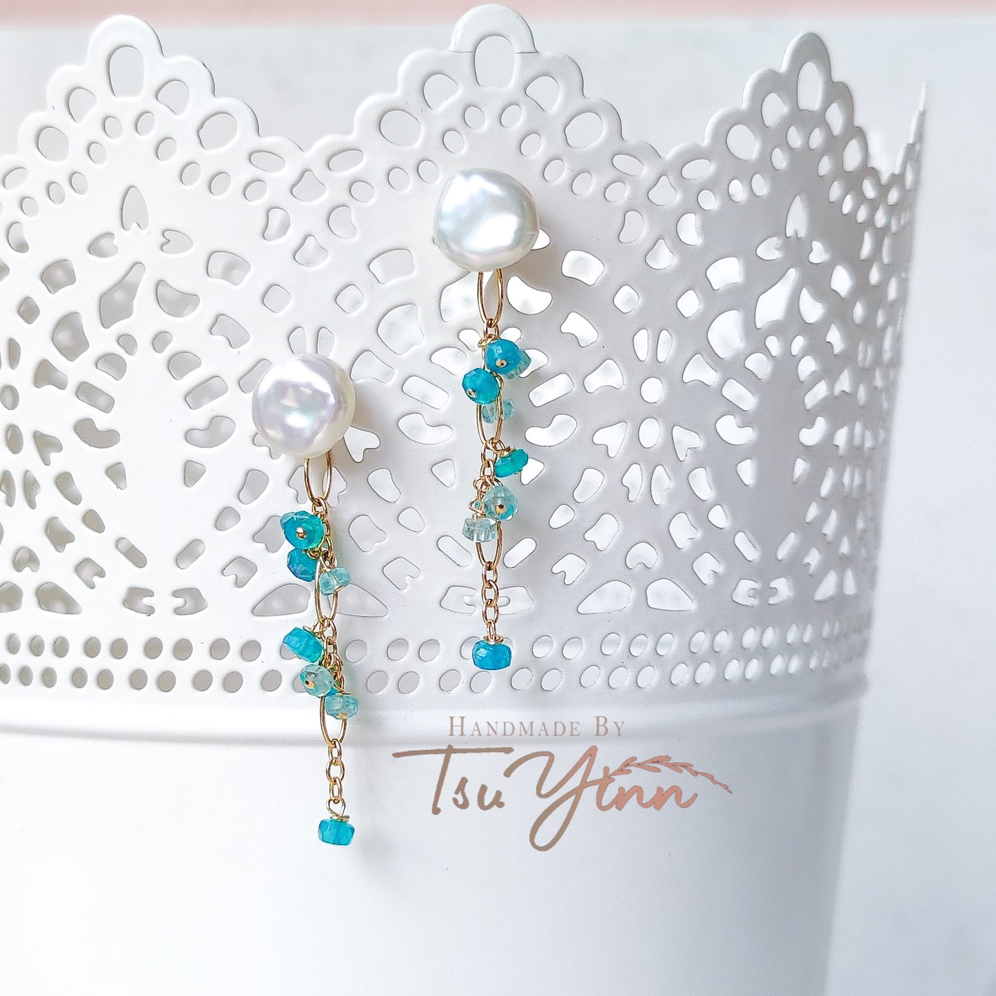 Multiwear Keshi Pearl Baubles Earrings with Blue Fire Opal and Aquamarine in YG