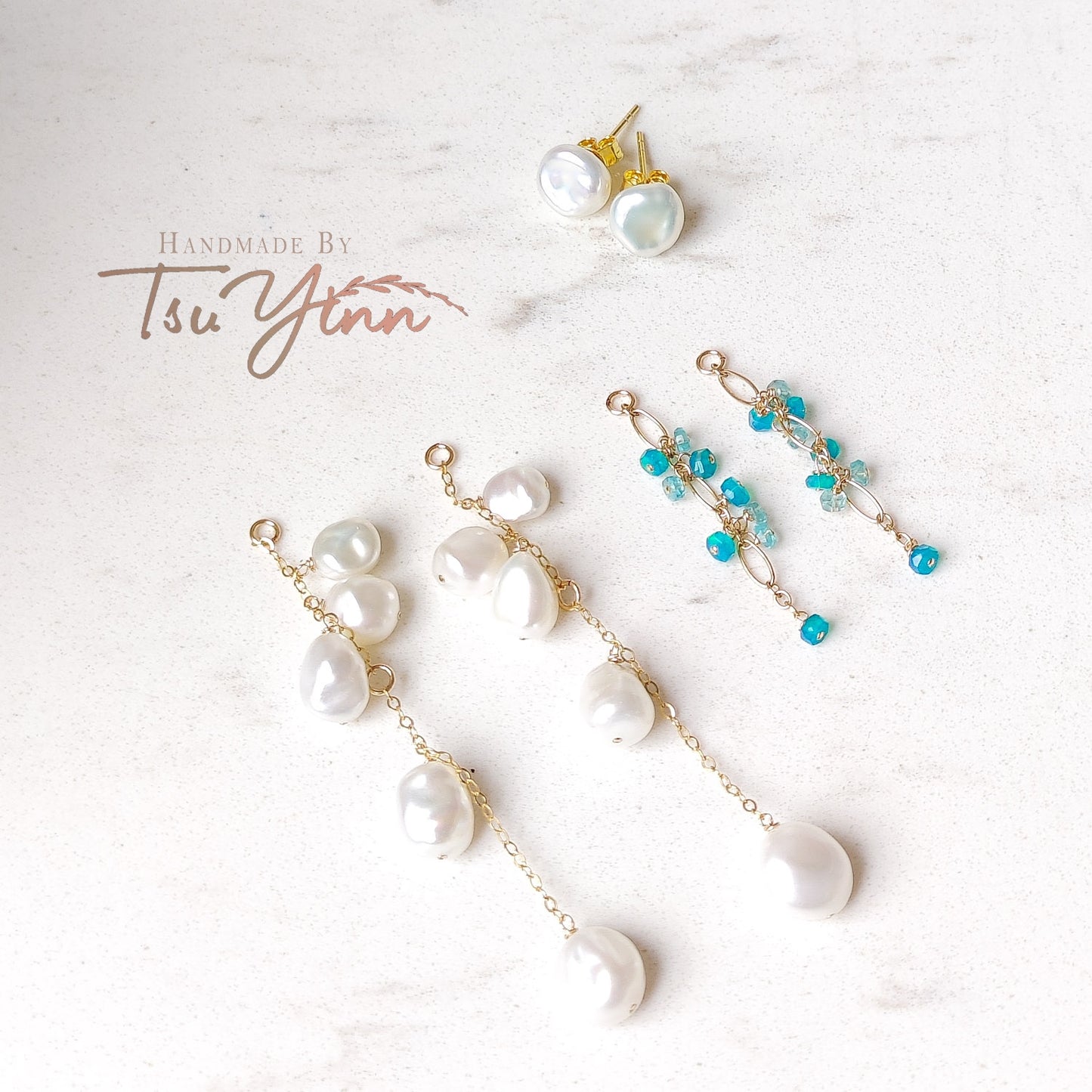 Multiwear Keshi Pearl Baubles Earrings with Blue Fire Opal and Aquamarine in YG