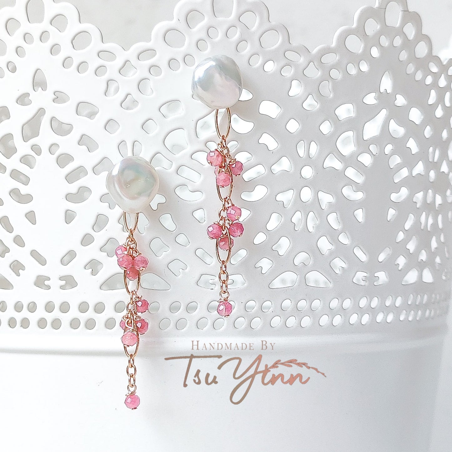 Multiwear Keshi Pearl Baubles Earrings with Pink Tourmaline in RG