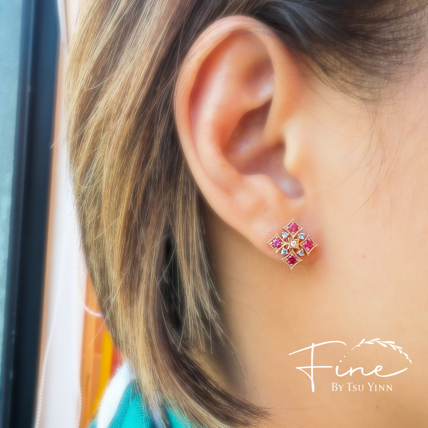 FBTY Norbayah Earrings in Reddish Pink Spinels, Blue Sapphires and Diamonds (Made-to-Order Available)