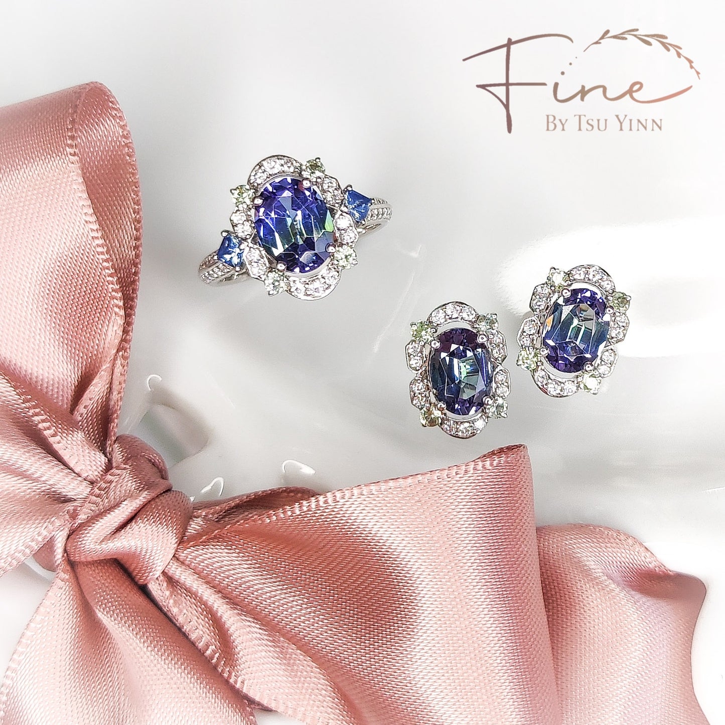 FBTY Kyra Earrings in Tanzanites, Green Sapphires and Diamonds