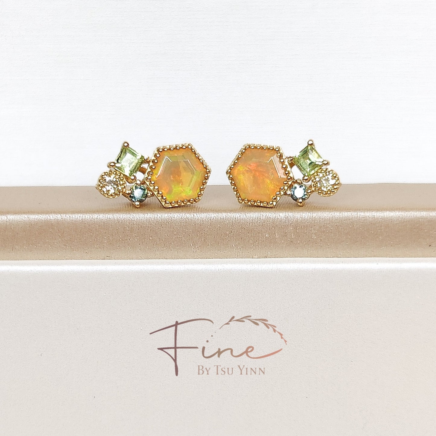 FBTY Petite Studs: Hexagon Opals with Green Sapphires, Yellow Diamonds and Peridot