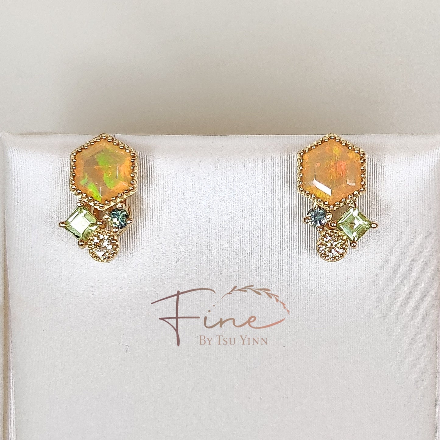 FBTY Petite Studs: Hexagon Opals with Green Sapphires, Yellow Diamonds and Peridot