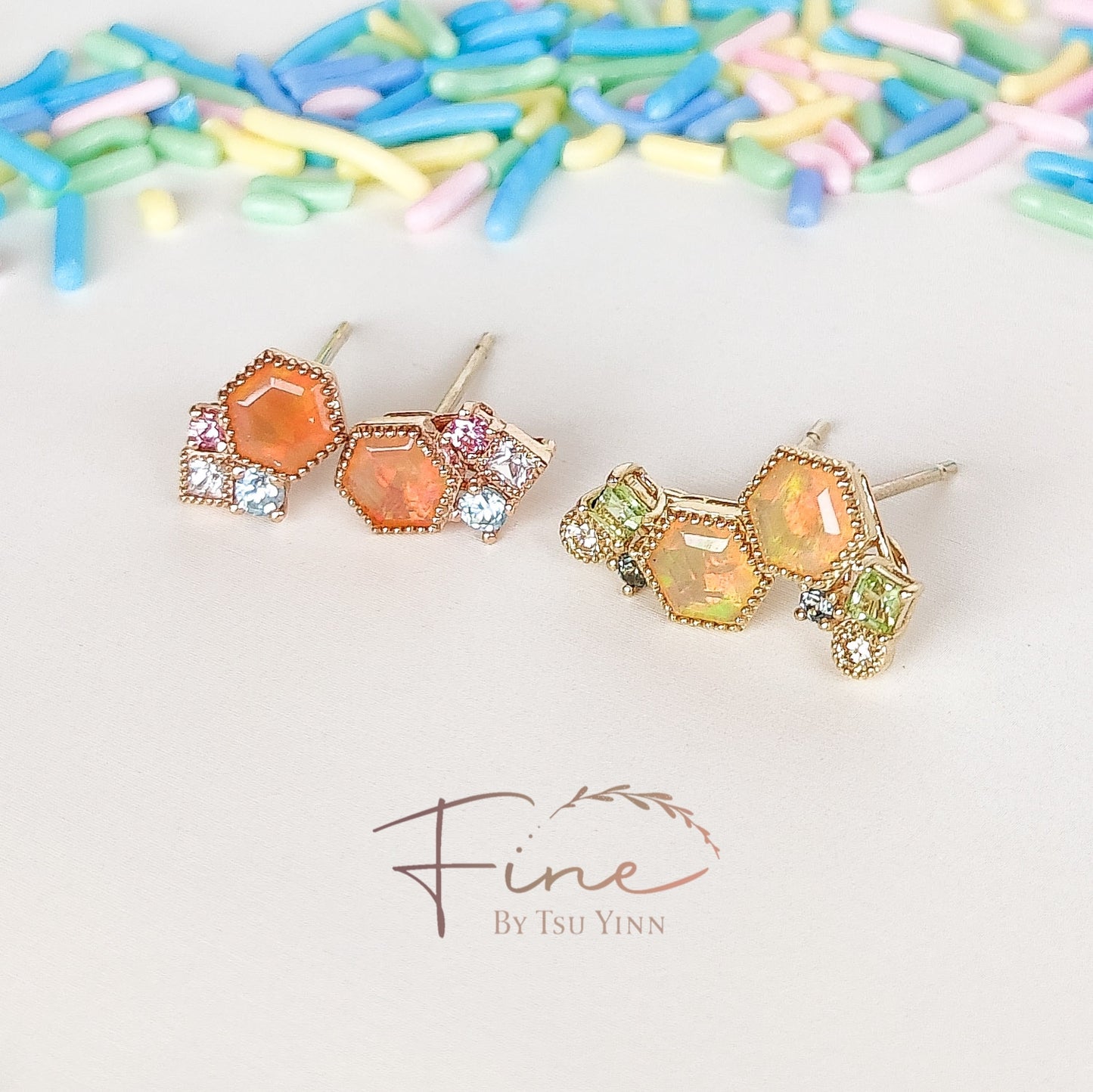 FBTY Petite Studs: Hexagon Opals with Blue Zircon, White Sapphires and Pink Spinels