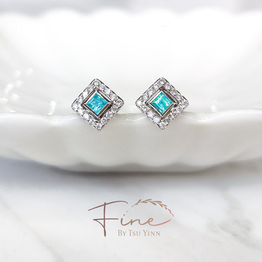 FBTY Petite Studs:  Paraiba Tourmaline and Diamond Halo