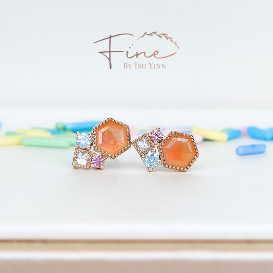 FBTY Petite Studs:  Hexagon Opals with Blue Zircon, White Sapphires and Pink Spinels