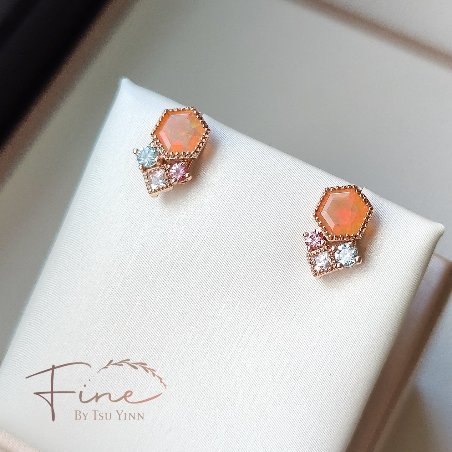 FBTY Petite Studs: Hexagon Opals with Blue Zircon, White Sapphires and Pink Spinels