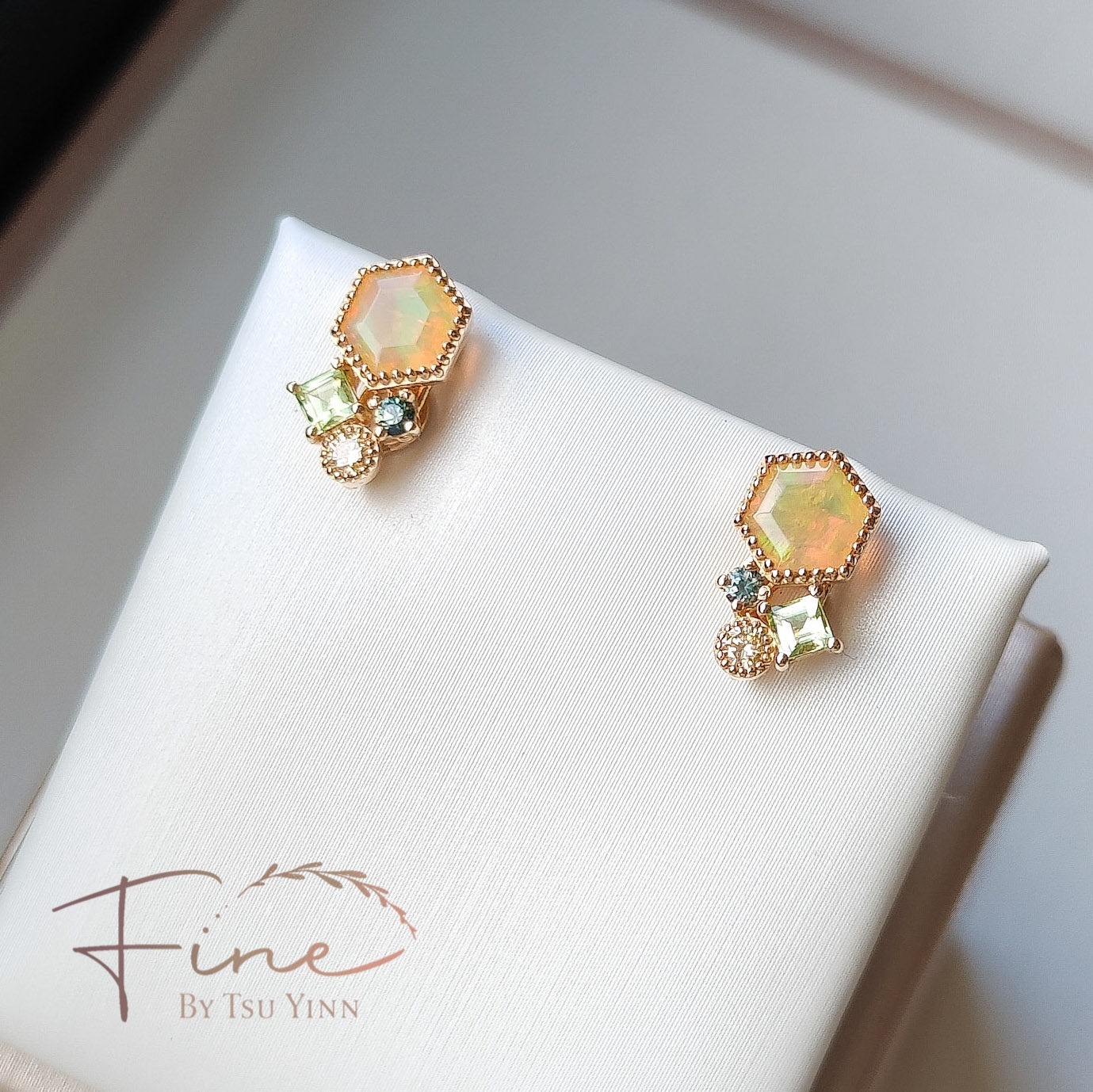 FBTY Petite Studs: Hexagon Opals with Green Sapphires, Yellow Diamonds and Peridot
