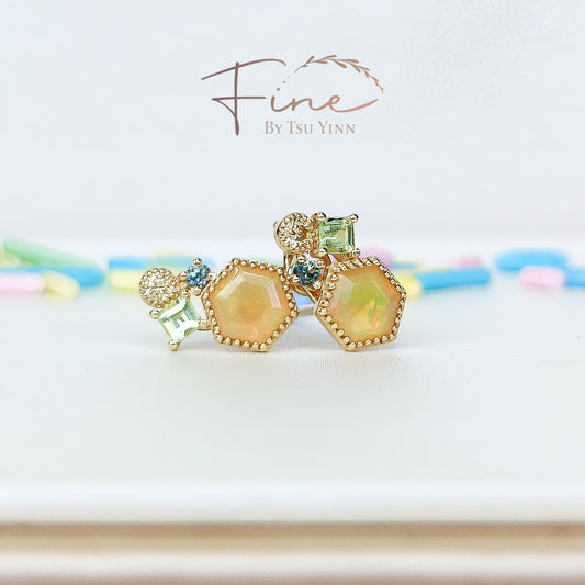 FBTY Petite Studs:  Hexagon Opals with Green Sapphires, Yellow Diamonds and Peridot