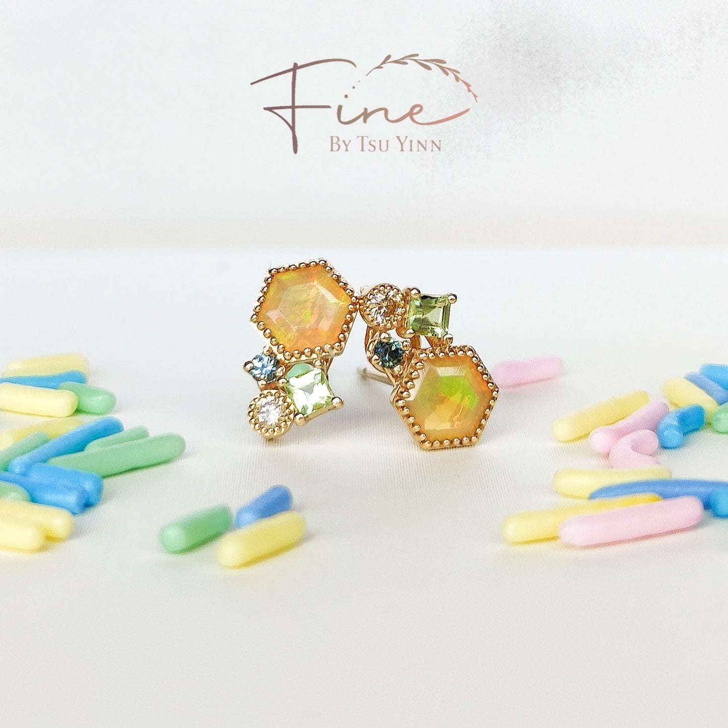FBTY Petite Studs: Hexagon Opals with Green Sapphires, Yellow Diamonds and Peridot