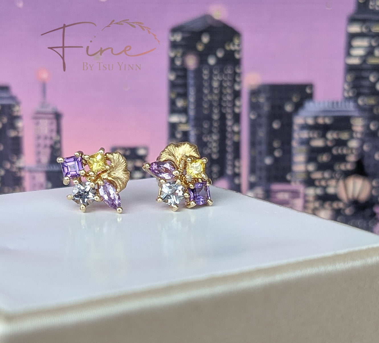 FBTY Petite Studs: Purple Sapphire, Grey Spinels, Amethysts and Yellow Sapphires with our signature Gingko Leaves