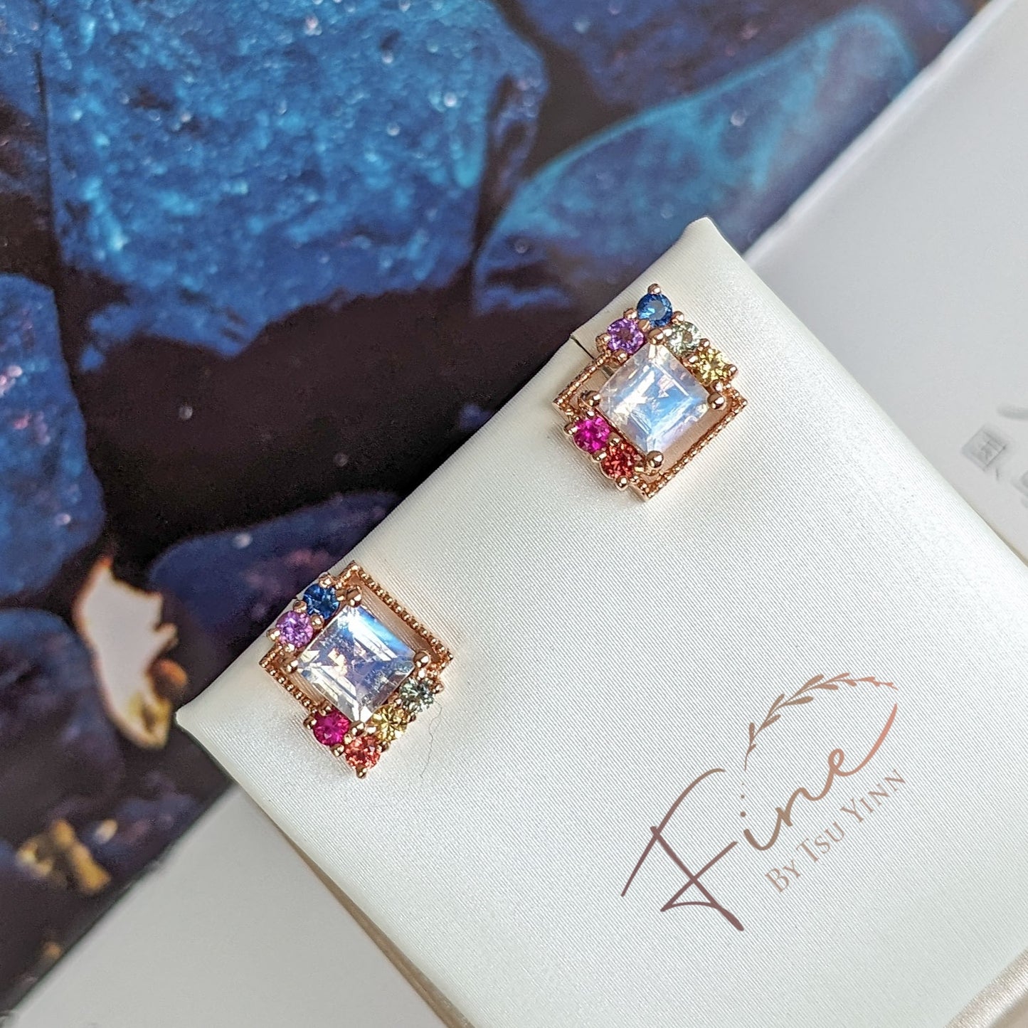 FBTY Petite Studs: Faceted Moonstone and Rainbow Gems